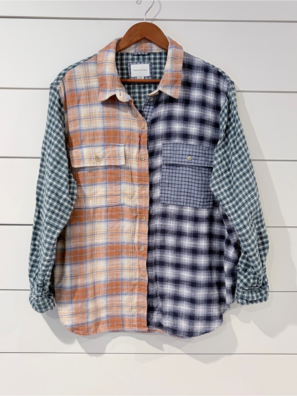 American Eagle Patchwork Oversized Flannel Shirt Cottagecore Grungecore Boho L